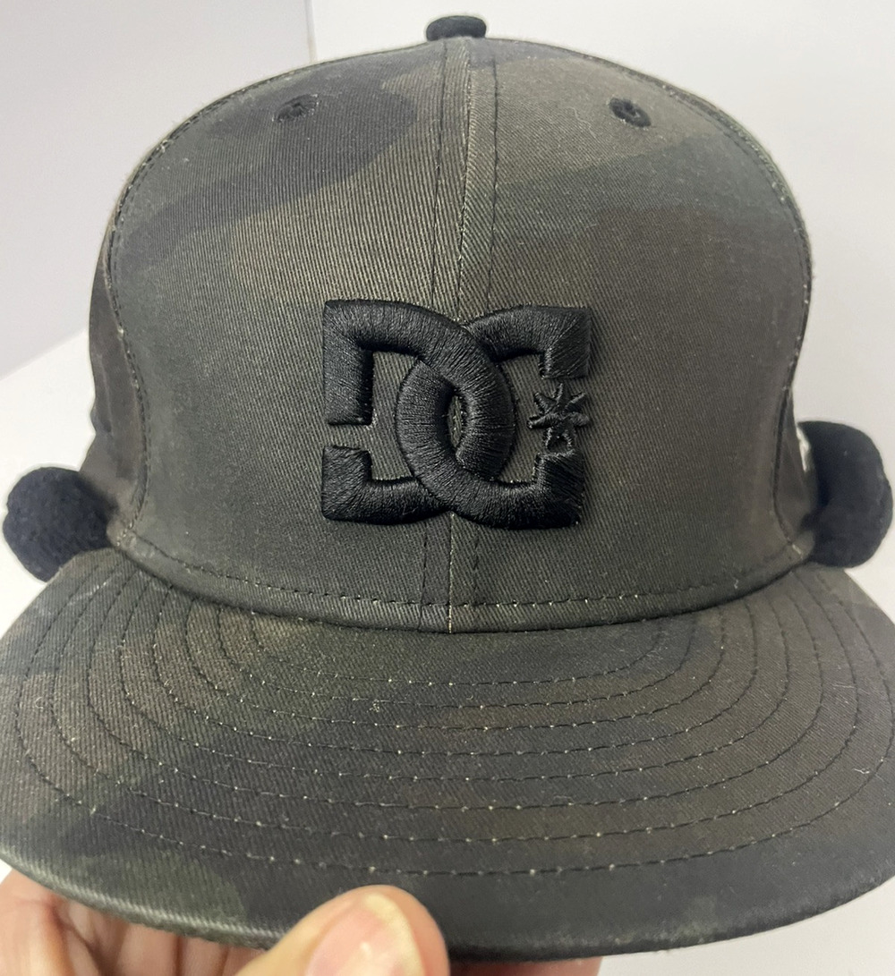New Era 59fifty DC Embroidered Logo Black Fleece Ear Flap Camo Green Cup 7 1/2